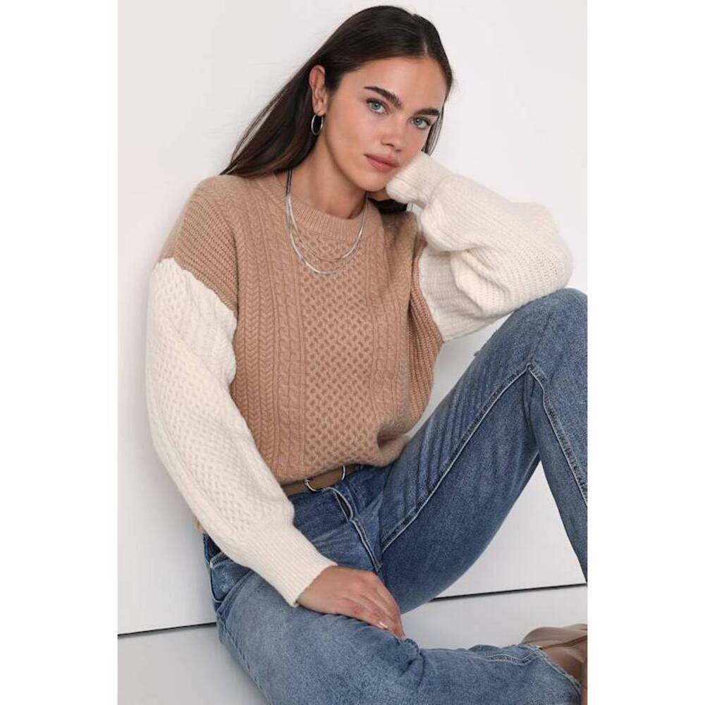 Lulus Seasonal Stunner Beige And Ivory Color Block Cable Knit Sweater